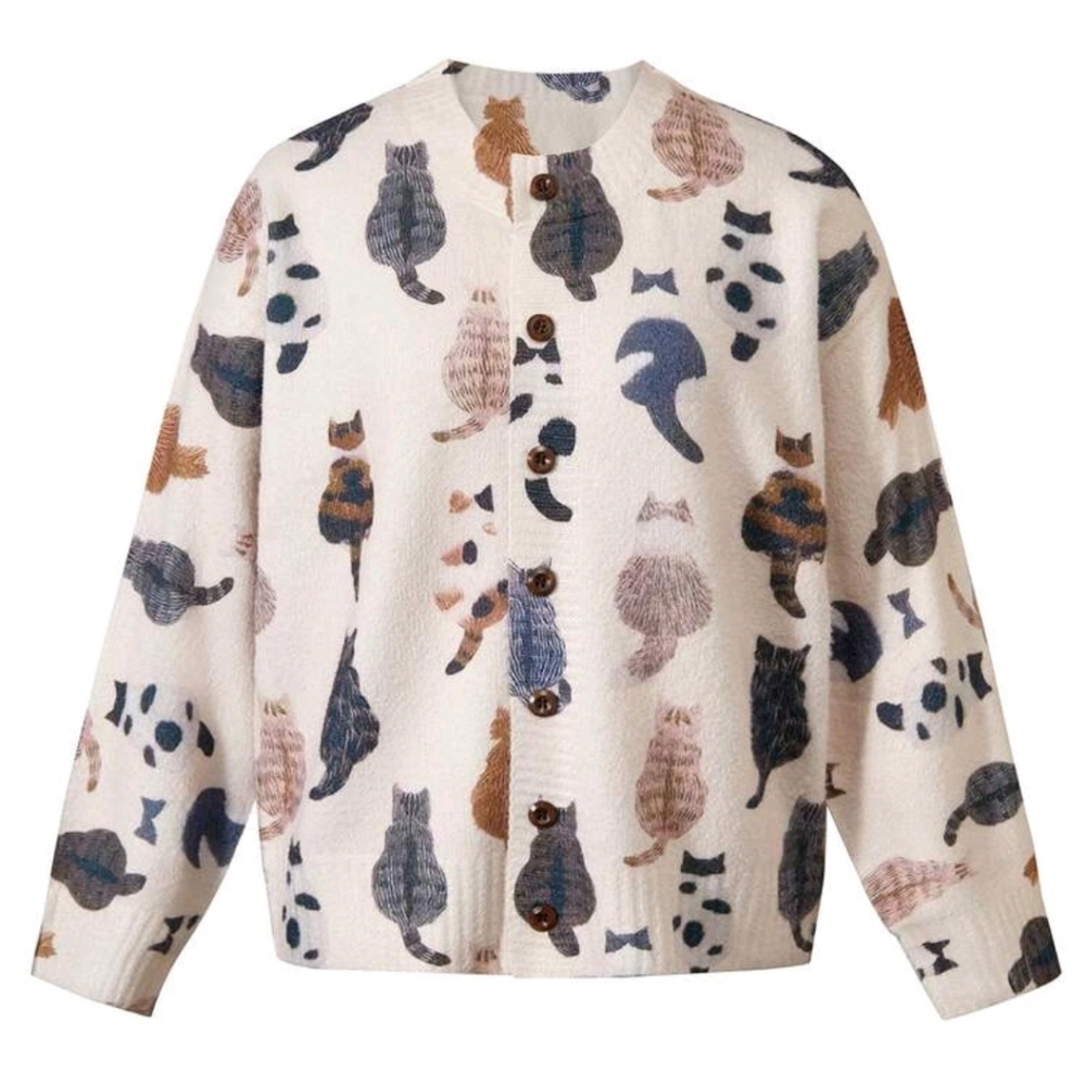 Cat Print Button-Up Cardigan in Cream, Blue, Brown